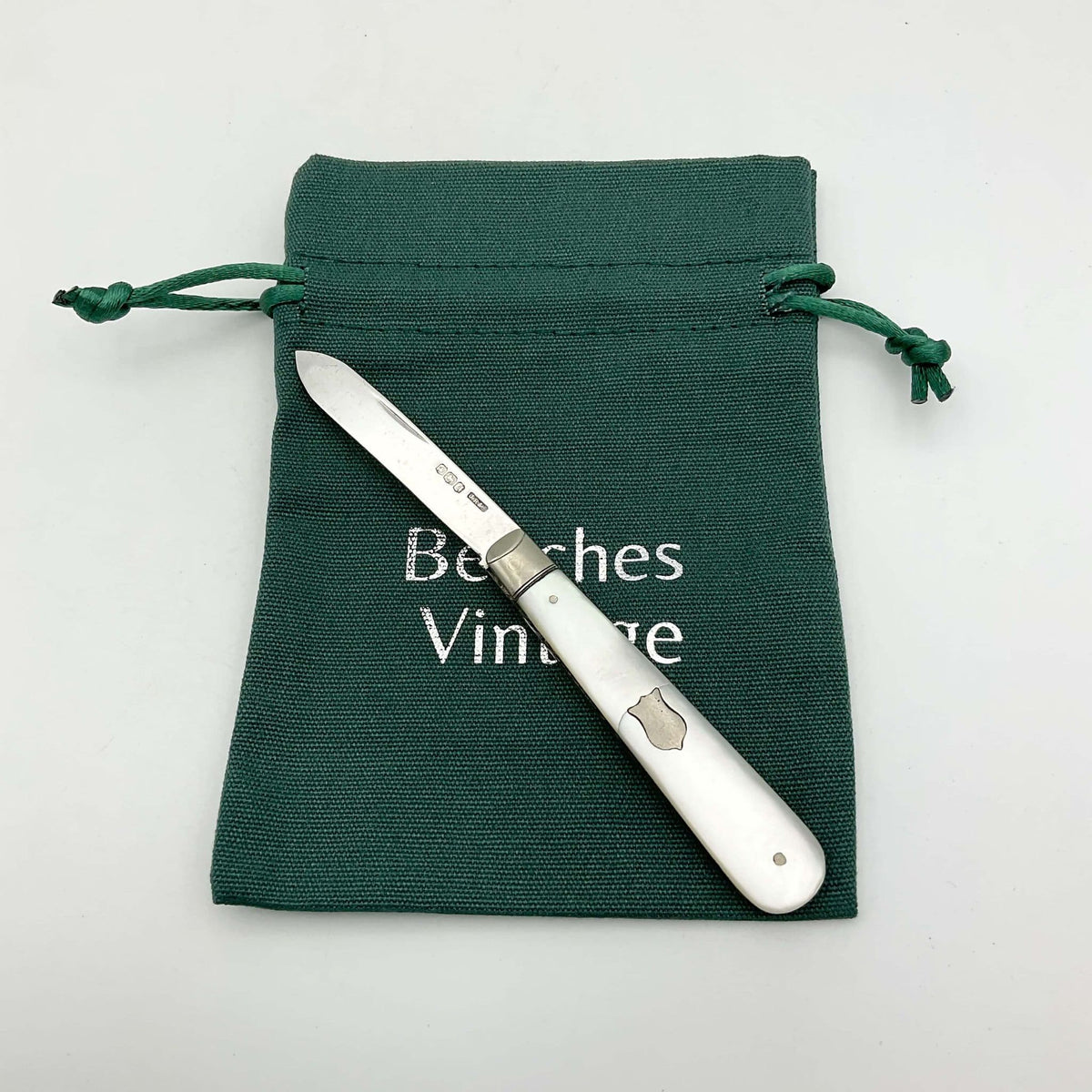 Antique Sterling Silver Fruit Knife with mother-of-pearl handle and 1926 hallmarked Beeches Vintage product image.