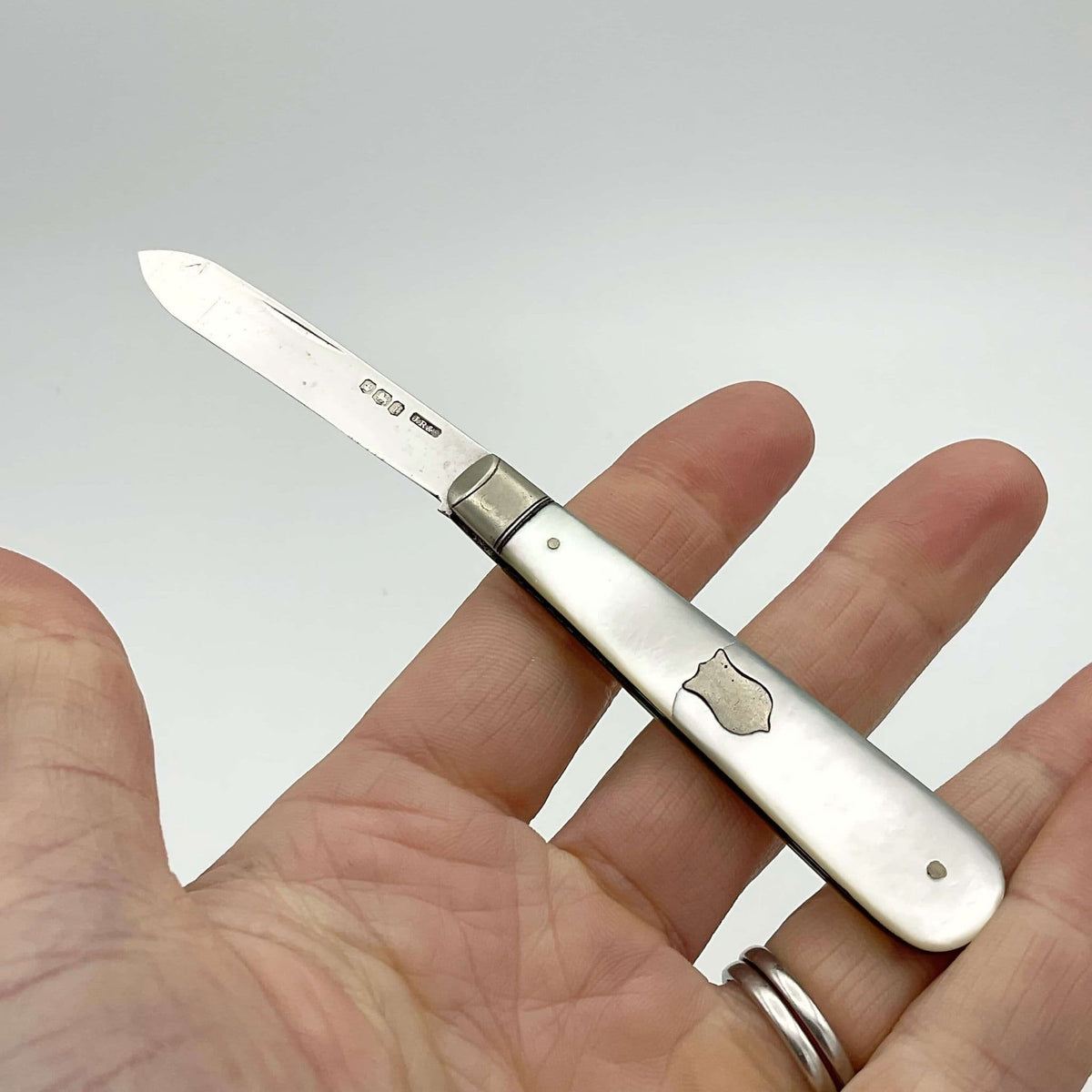 Vintage Beeches Vintage sterling silver fruit knife with mother-of-pearl handle and 1926 hallmark, antique collectible kitchen utensil.