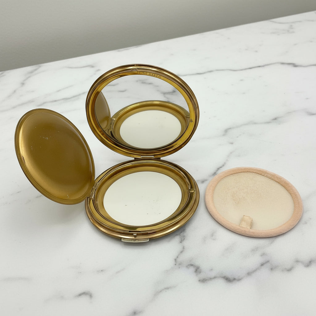 open powder compact showing a clear mirror, a clean powder area and a powder screen on a marble surface