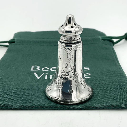 Antique 1912 silver miniature pepperette salt or pepper shaker by Beeches Vintage, detailed vintage pepper pot with ornate design.