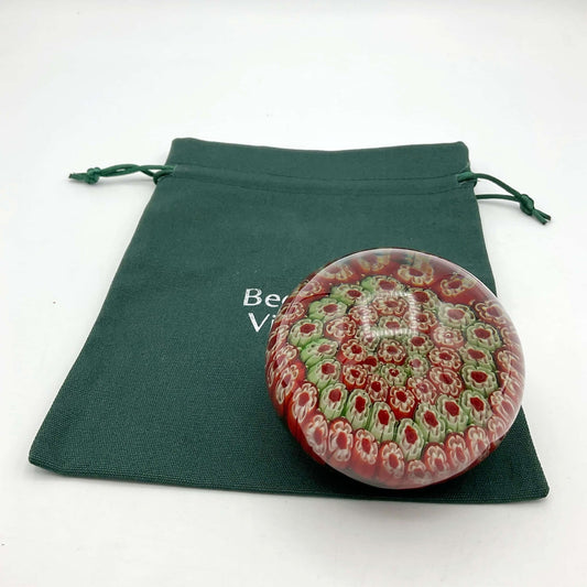 Round Millefiori Red and Green Glass Paperweight - Beeches Vintage