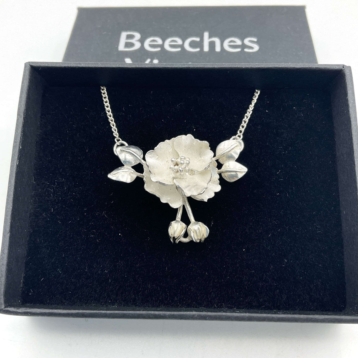Sterling Silver Flower Pendant Necklace, Hallmarked 1981 - Beeches Vintage