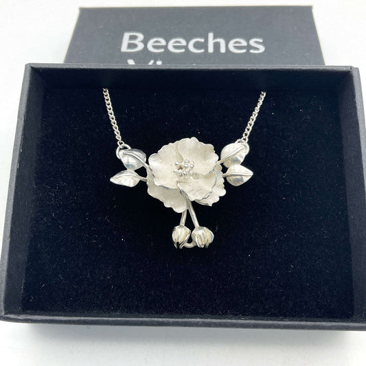 Sterling Silver Flower Pendant Necklace, Hallmarked 1981 - Beeches Vintage