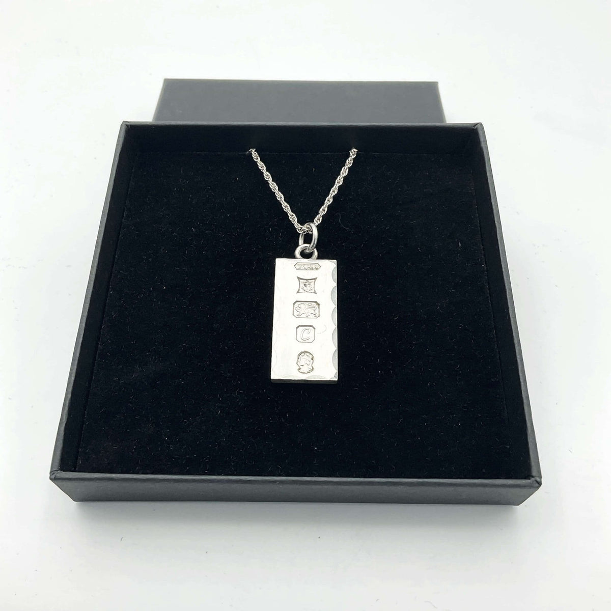 Sterling Silver Ingot Pendant Necklace, Hallmarked 1977 - Beeches Vintage