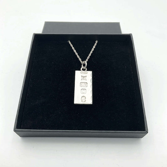 Sterling Silver Ingot Pendant Necklace, Hallmarked 1977 - Beeches Vintage